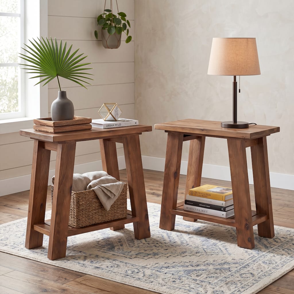 2-Tier Farmhouse Solid Wood Nightstand, Rustic Open Storage Bedside End Table for Bedroom Living Room