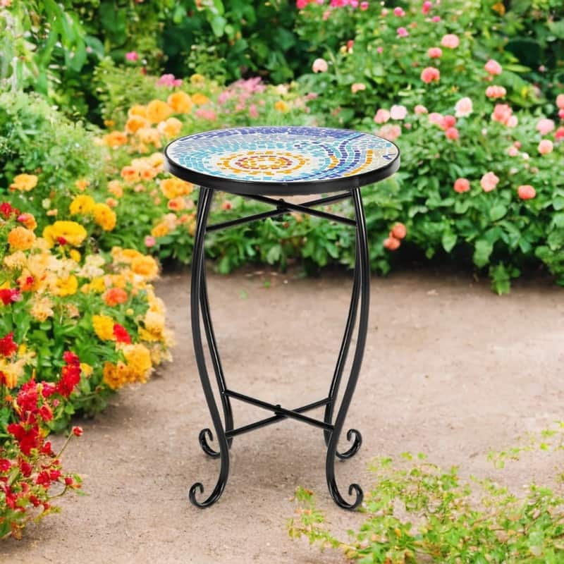 Blue Hawaiian Style Glass Round Terrace Bistro Table Side Table