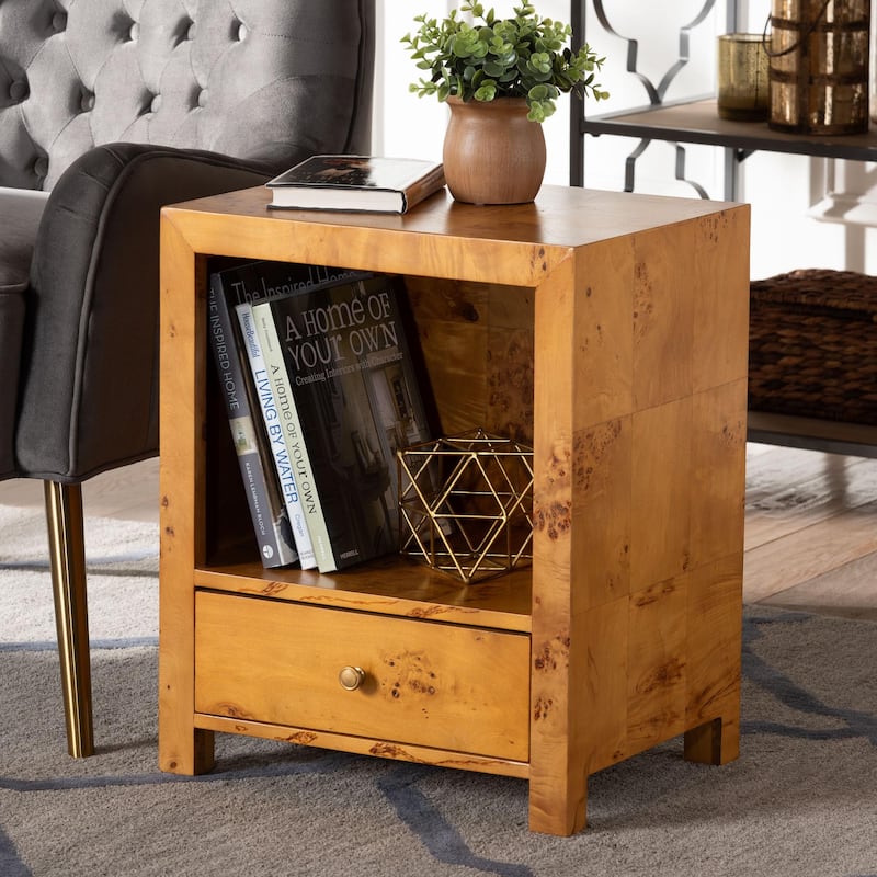 Camira Modern and Contemporary Natural Light Mappa Real Burl Wood 1-Drawer Nightstand