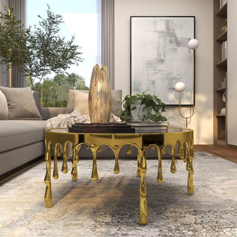 Aluminum Metal Accent, Console, and Coffee Table Collection with Drip Melting Design and Smoke Shaded Glass Top Multiple Colors