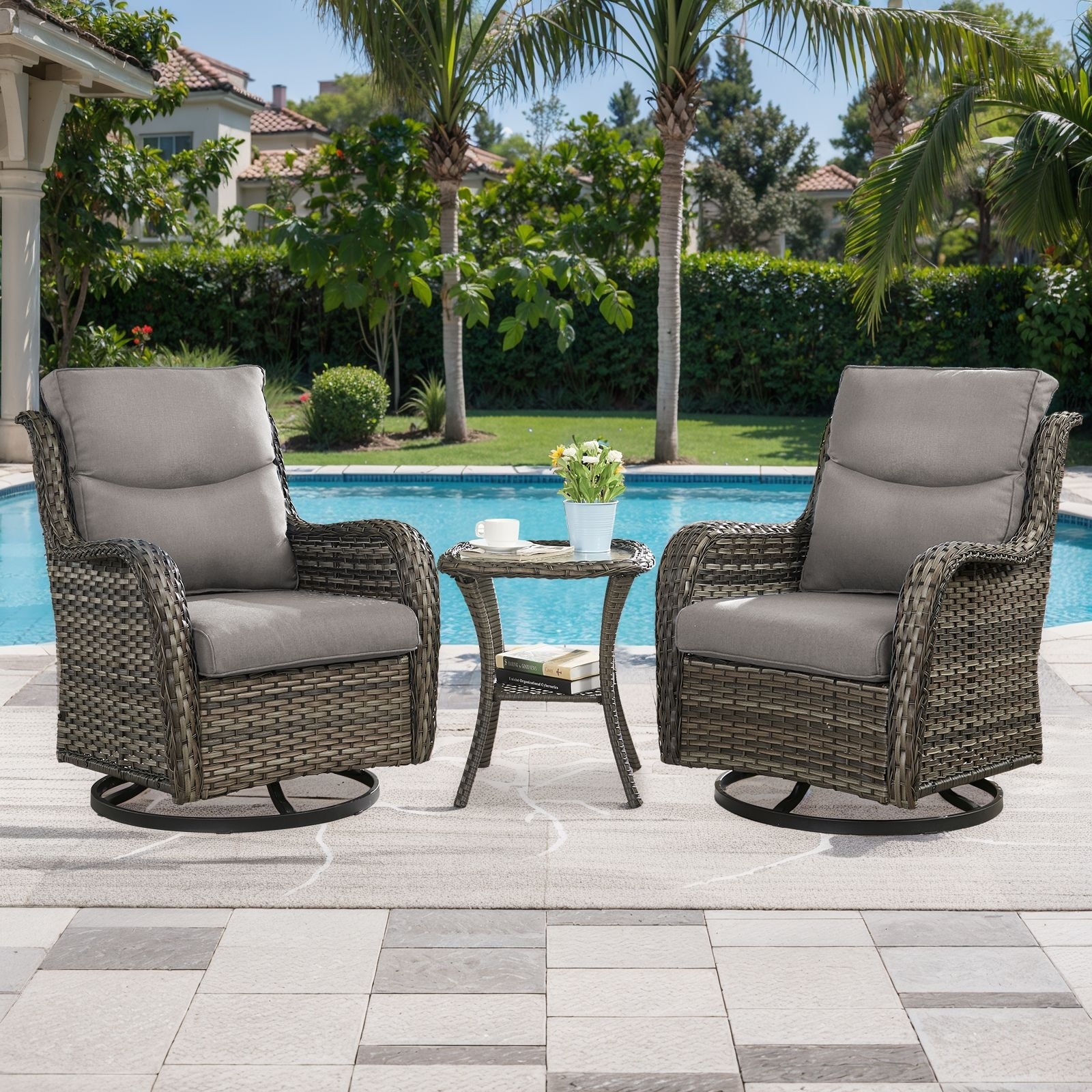 Outdoor Swivel Patio Chair with Coffee Table- Beige cushion - Grey