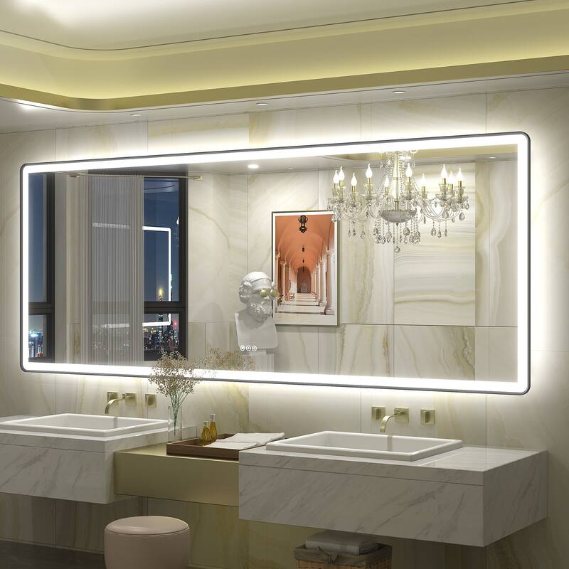 UL Certified Front & Back LED Anti-Fog Tempered Glass Framed Bathroom/Vanity Mirror 3-Year Warranty - 72" x 36"-Rounded Corner - Black
