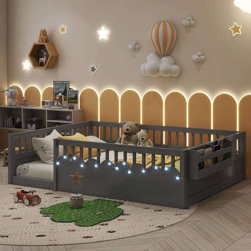 Montessori Floor Bed Frame with High Rails, Wood Toddler Floor Bedframe with Light and Headboard Storage Shelf for Kids Room