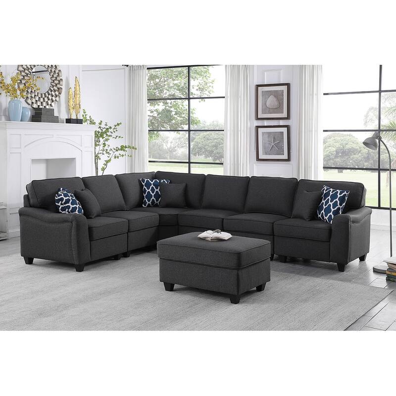 7 Piece Modular L-Shape Sectional Sofa with Ottoman in Dark Gray