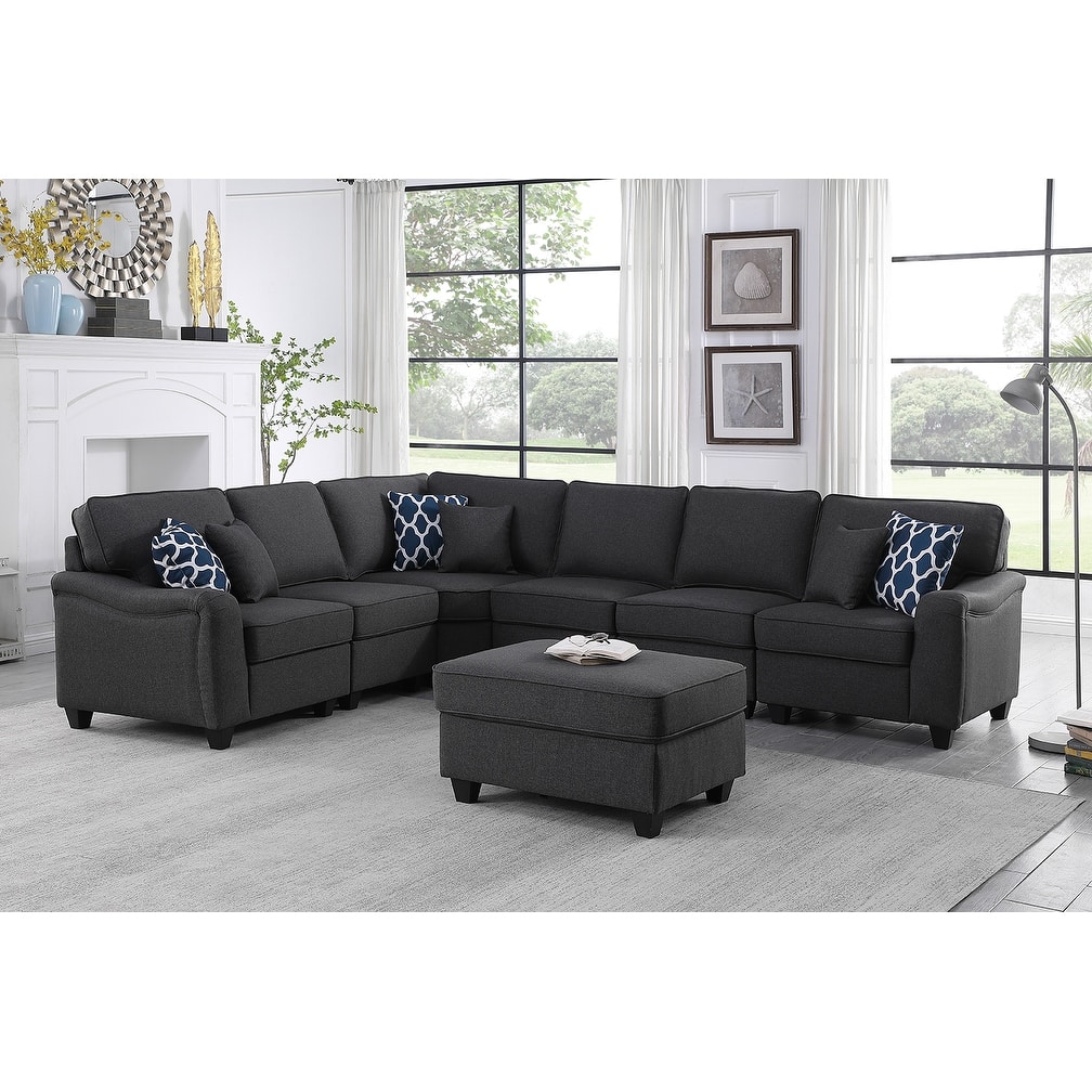 7 Piece Modular L-Shape Sectional Sofa with Ottoman in Dark Gray