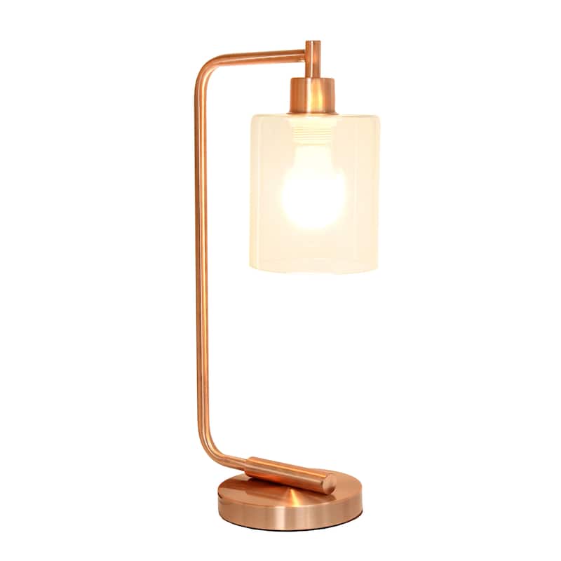 Simple Designs 18.8" Iron Lantern Desk Table Lamp with Glass Shade, Antique Brass, With LED Bulb