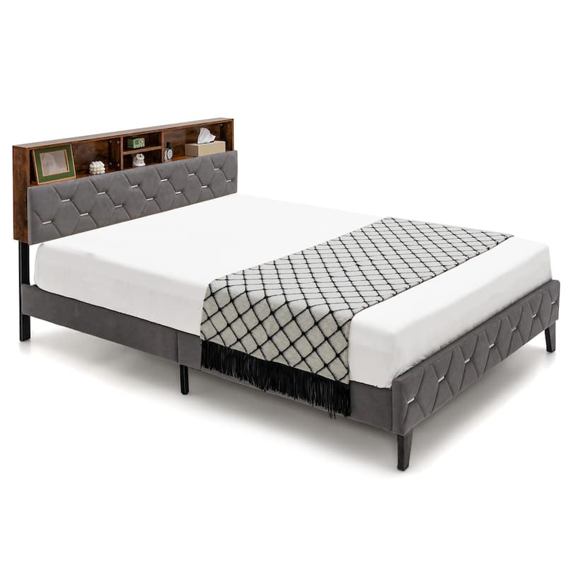 Costway Bed Frame Upholstered Platform Mattress Foundation with - Full