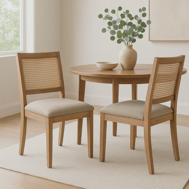 Zemi Dining Chair Set of 2, Rattan, Beige, Natural Brown Solid Wood