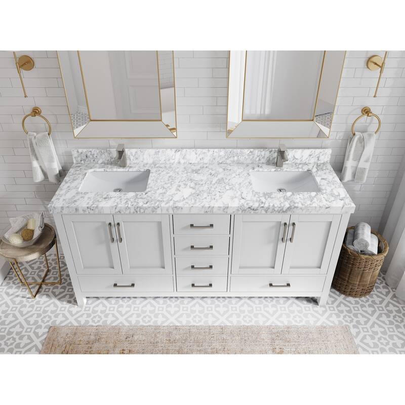 Willow Collection 72 in. W x 22 in. D Malibu Double Sink Bathroom Vanity with Countertop - 2" Carrara Marble - White