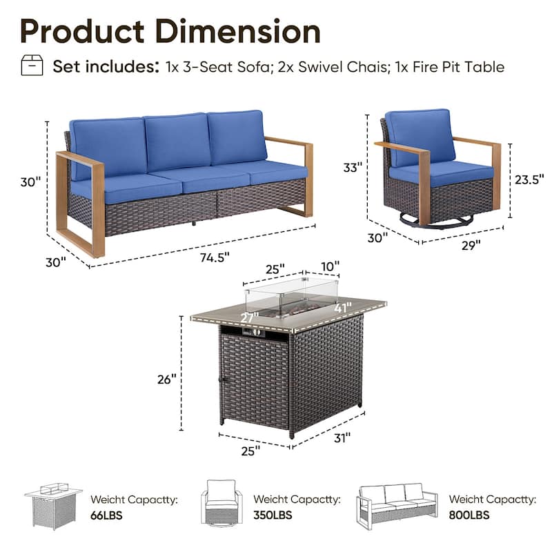 Pocassy 4 Pieces Outdoor Sofa Swivel Chair with Fire Pit Table Set