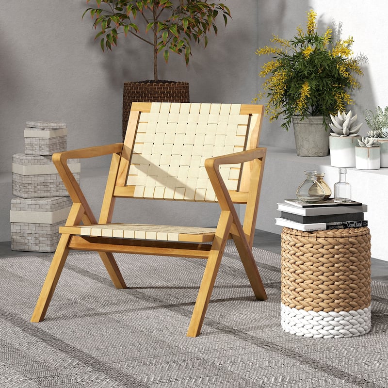Natural Teak Wood Outdoor Accent Chair with PP Webbing Ergonomic - 33.5" x 25" x 29.5"