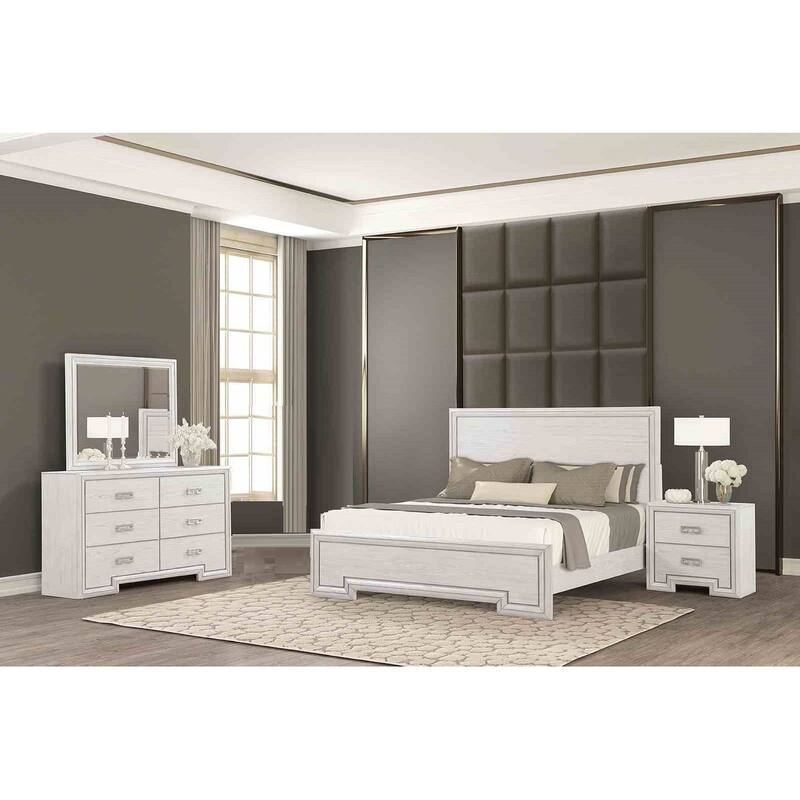 Rustic White Transitional 4-Piece Bedroom Set with USB Nightstand