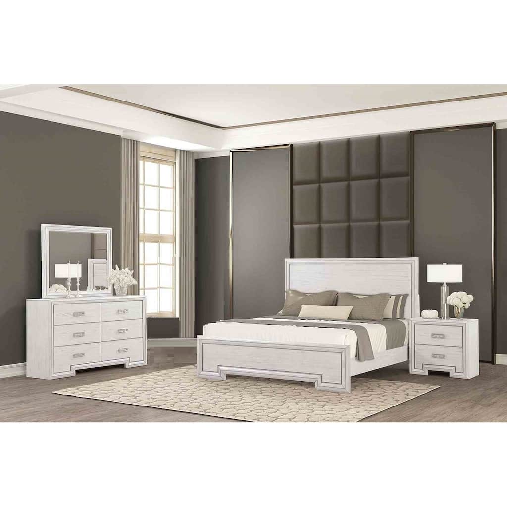 Rustic White Transitional 4-Piece Bedroom Set with USB Nightstand