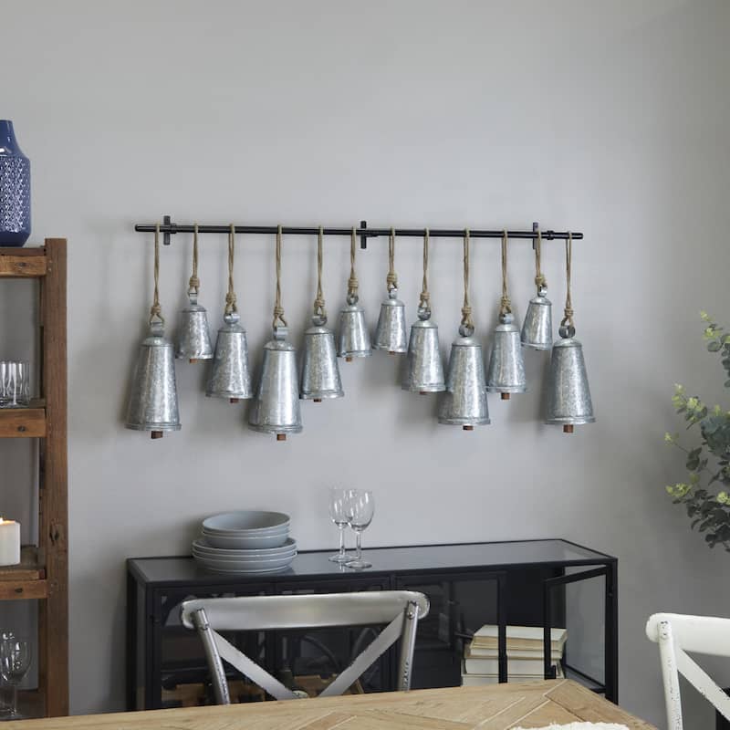 Bronze Metal Tibetan Inspired Indoor Outdoor Decorative Cow Bells with 12 Bells on Jute Hanging Rope and Metal Rod