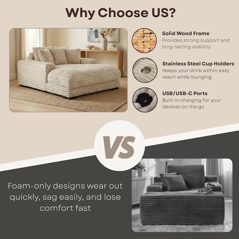 Cocoon Faux Fur Corduroy Oversized Chaise Lounge with Cupholders and USB/USB-C