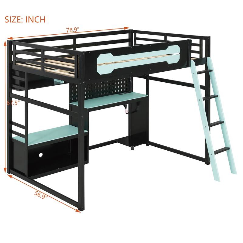 Full Size Loft Bed with All-in-One Workstation, Built-In Desk, Shelves, Pegboard, LED Lights & USB Ports