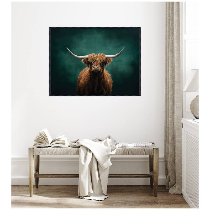 Kate and Laurel Highland Cow on Tonal Teal Green Abstract by The Creative Bunch Studio Framed Canvas Wall Art Print