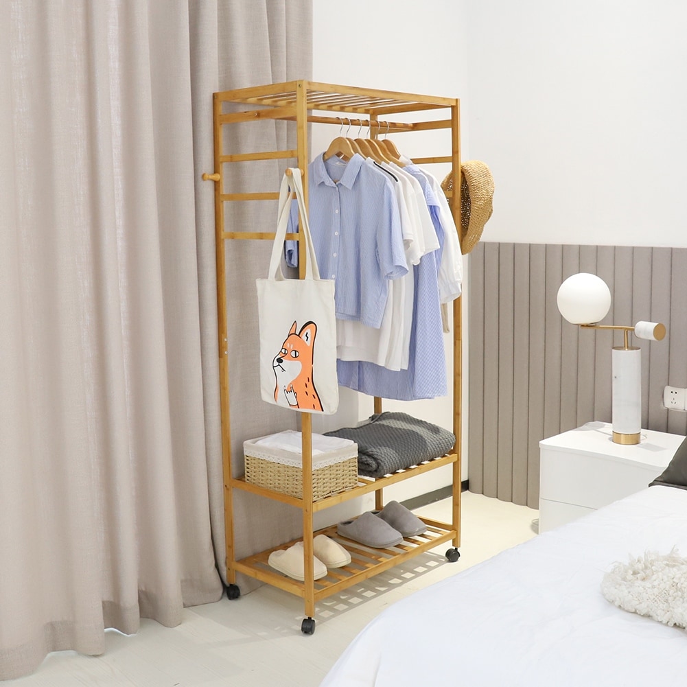 Bamboo Rolling Clothes Rack with Storage Shelves and Hanging Rod - W 30.9" x D 15.75" x H 66.34"