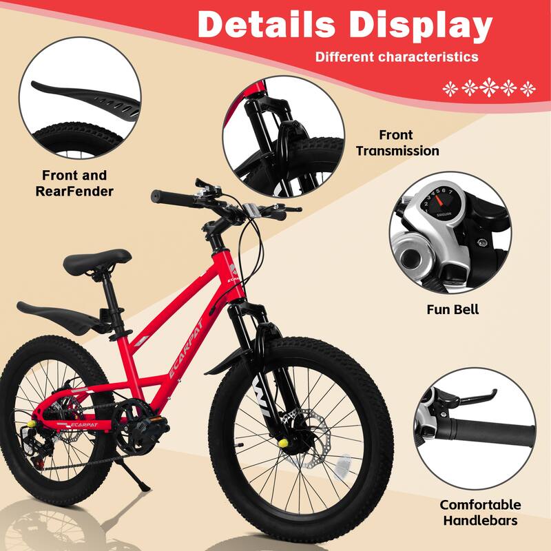 20 inch Mountain Kids Bike for Boys & Girls, Ages 6-12, 7-Speed with Front Suspension