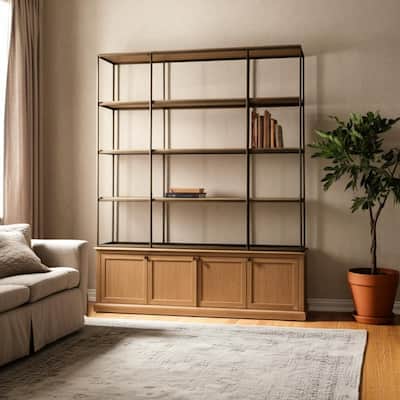 HomeRoots 82" Antiqued Brass And Light Brown Distressed Metal and Solid Wood Three Tier Bookcase with Four Doors