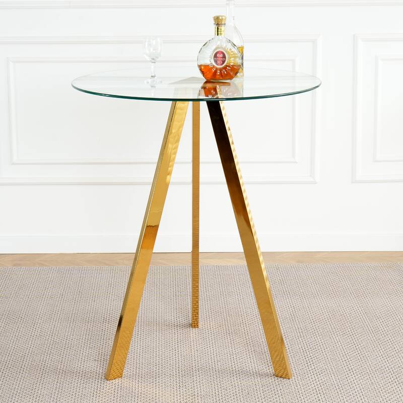 3 Piece Round Tempered Glass Dining Table Set, with Gold-plated Metal Legs
