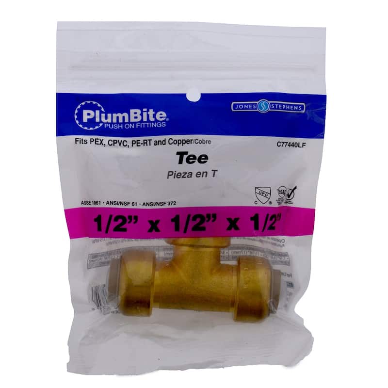Jones Stephens 1/2" PlumBite Push On Tee, Bag of 1