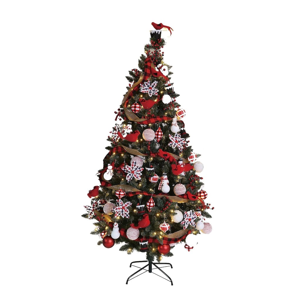 7.5' Tree with 250 LED Lights and 140 Ornaments and Storage Bag, Classic Cardinal - One Size