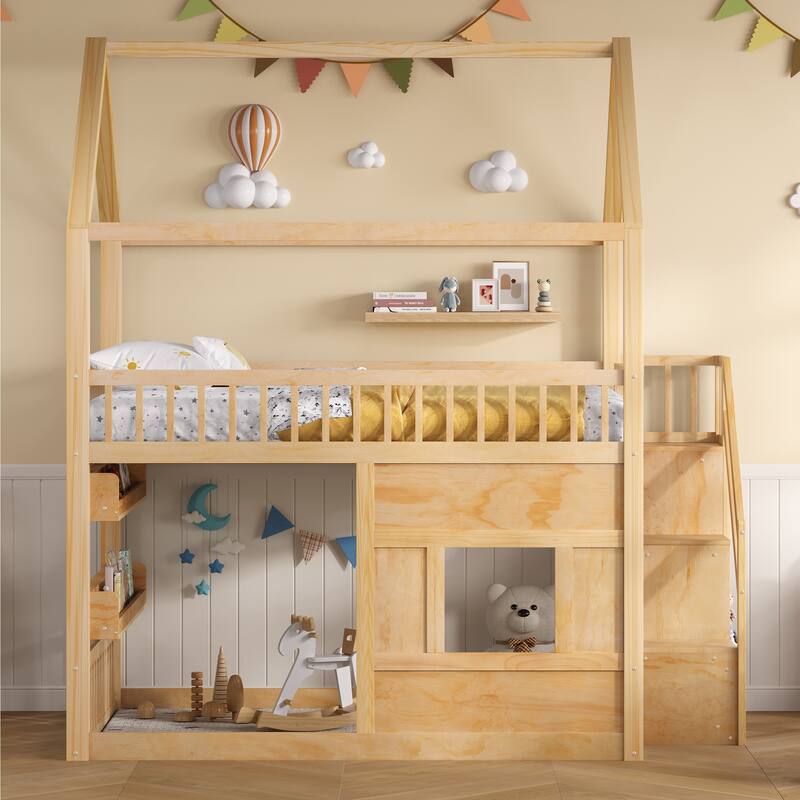 Full Size Wooden House Bed with Built-in LED Shelf Light, Fairytale Loft House-shaped Bed Frame for Children Kids Boys Girls