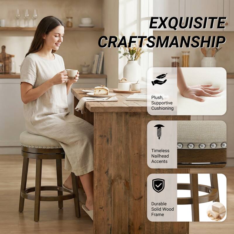 Swivel Counter Height Bar Stool with Upholstered Seat Solid Wood Frame