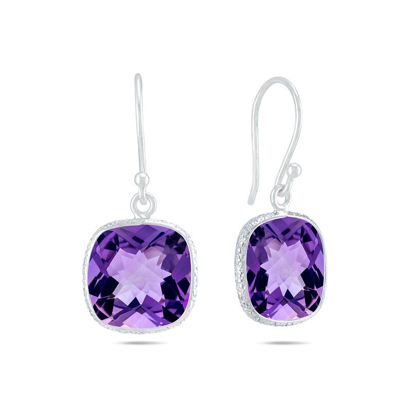 Marquee Cushion Cut 11MM Amethyst Drop Earrings in .925 Sterling Silver
