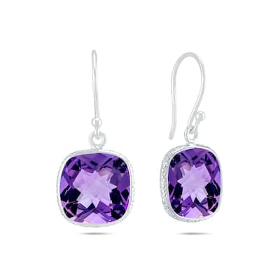 Marquee Cushion Cut 11MM Amethyst Drop Earrings in .925 Sterling Silver