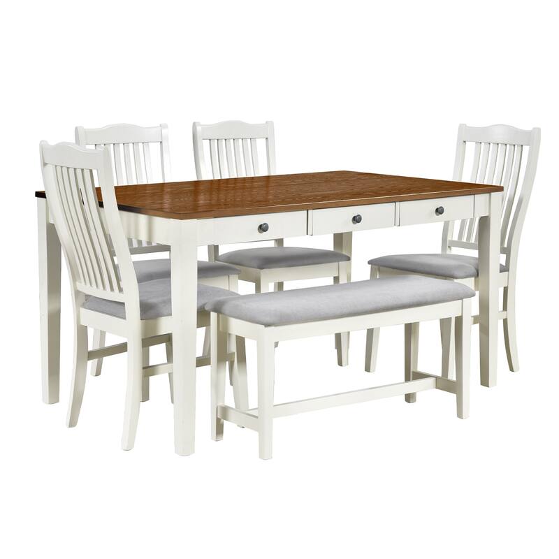 Roomfitters 6-Piece Mid-Century Dining Table Set with Bench and 4 Upholstered Chairs, Storage Drawer - White