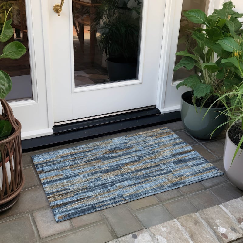 Machine Washable Indoor/ Outdoor Modern Stripes Chantille Rug - Navy - 1'8" x 2'6"