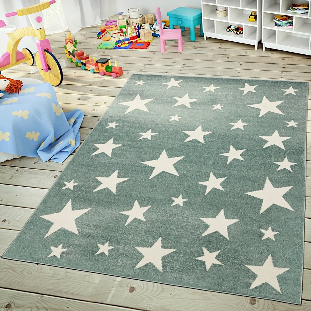 Kids Rug with Stars for Nursery Starry Sky in grey, pink and green