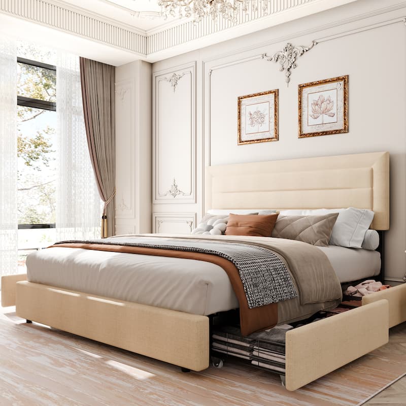 Full & Queen Size Storage Bed Frame with 4 Lockable Drawers, Adjustable Headboard