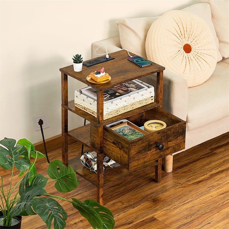 Nightstand with Charging Station - Brown