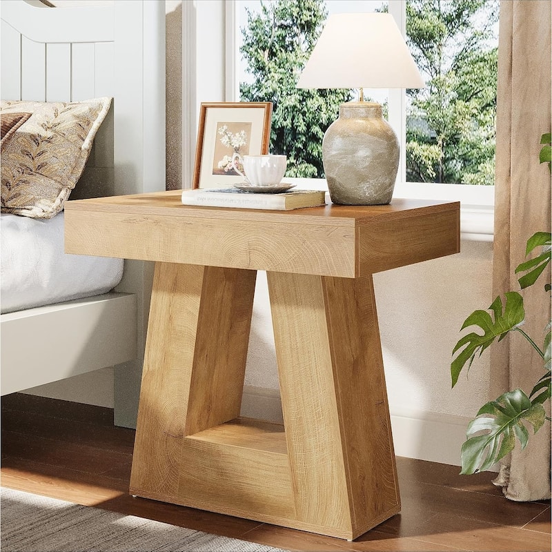 Small Nightstand, Wooden Bedside Table with Trapezoid Base - Brown