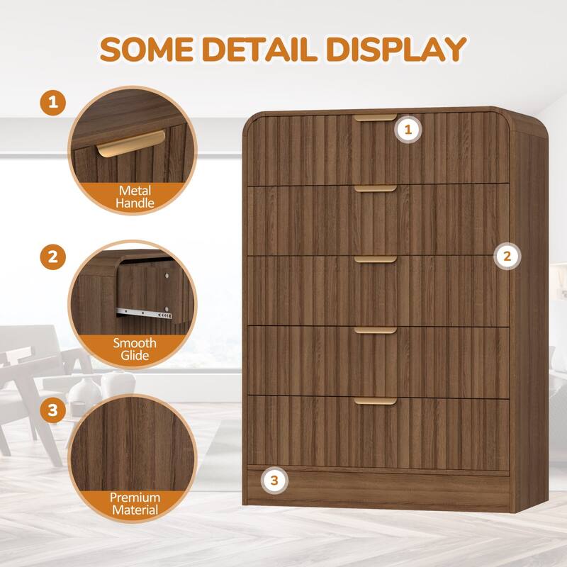 VEIKOUS 5-Drawer Chest of Drawers with Curved Edges & Waveform Fluted Panel Design, Wooden Dresser for Bedroom