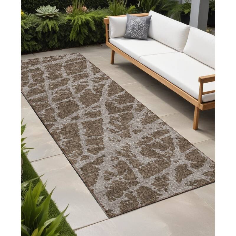 Varo Unique Abstract Weather Resistant Blended Style Outdoor Rug - 8' Runner - Brown