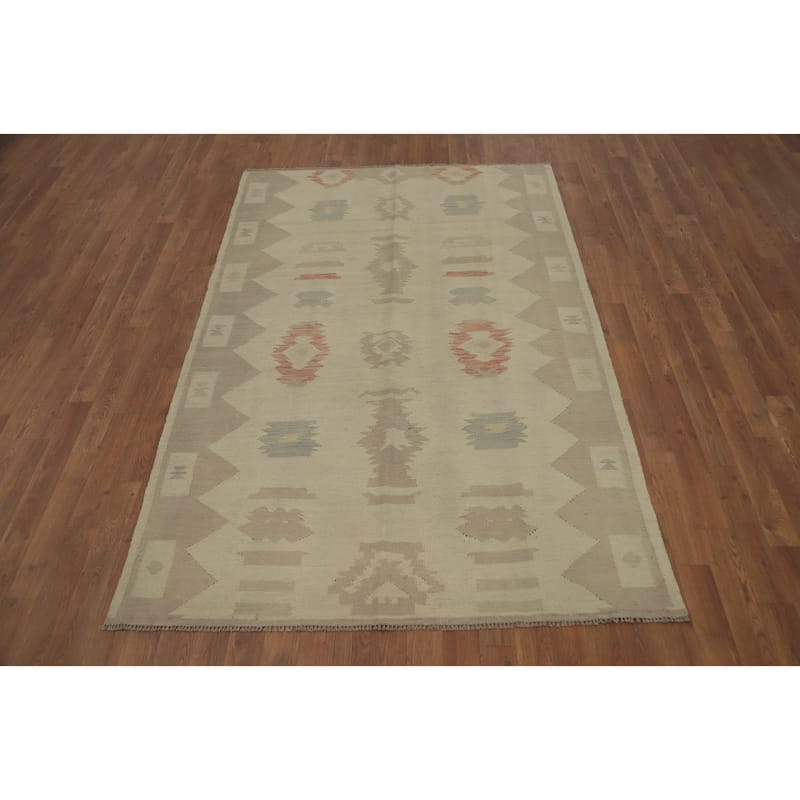 Hand Woven Oriental 100% Wool Carpet Southwestern Tribal Beige & Ivories Kilim Area Rug - 7' 0'' X 4' 6''