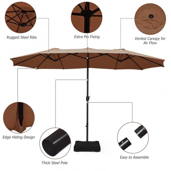 15 Foot Extra Large Patio Double Sided Umbrella with Crank and Base - 15' x 8' (W x H)