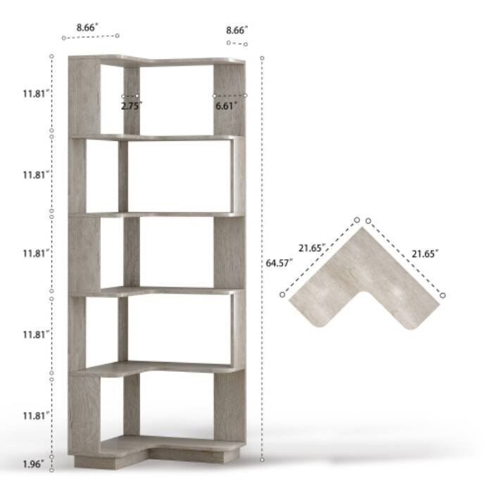 6-Tier L-Shaped Corner Bookshelf, Freestanding Wooden Bookcase with Anti-Drop Panel & Anti-Tip Device