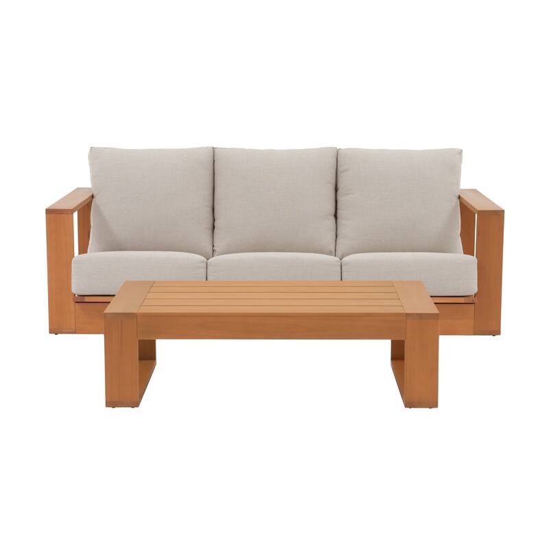 Outdoor Conversation Set 2-Piece Eucalyptus Wood 3-Seater Sofa Weather‑resistant Rope Weave with Coffee Table