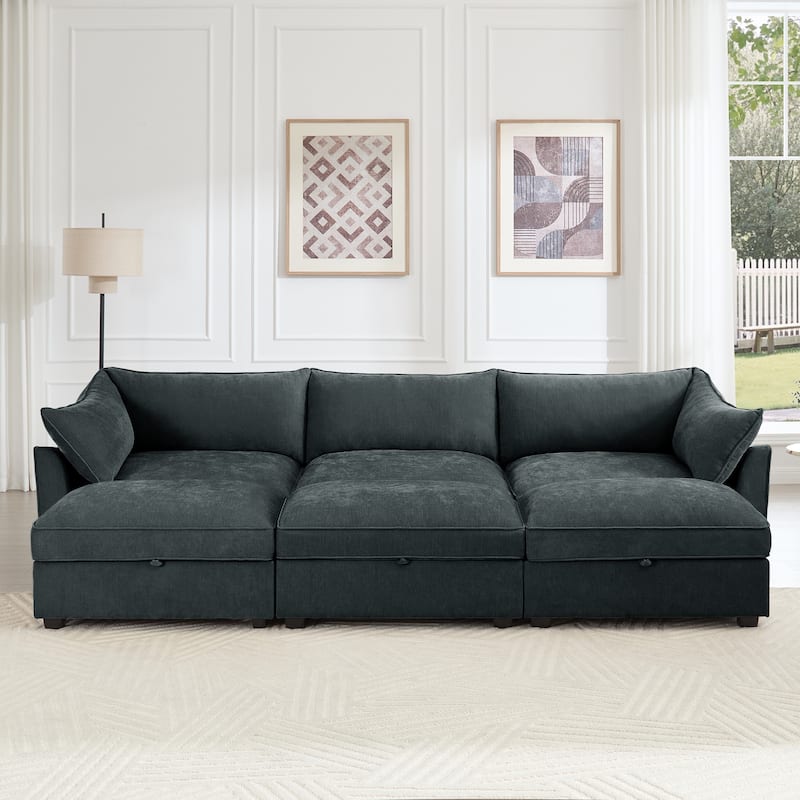 Modular Upholstered Sofa with 3 Ottomans and Storage Drawers, Deep Seat Chenille Sleeper Couch for Living Room, Home Theater