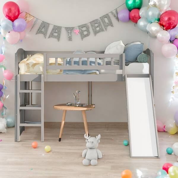 slide 2 of 18, Twin Size Loft Bed With Slide and Ladder And Solid Construction For Bedroom,Dorm,Kids Grey