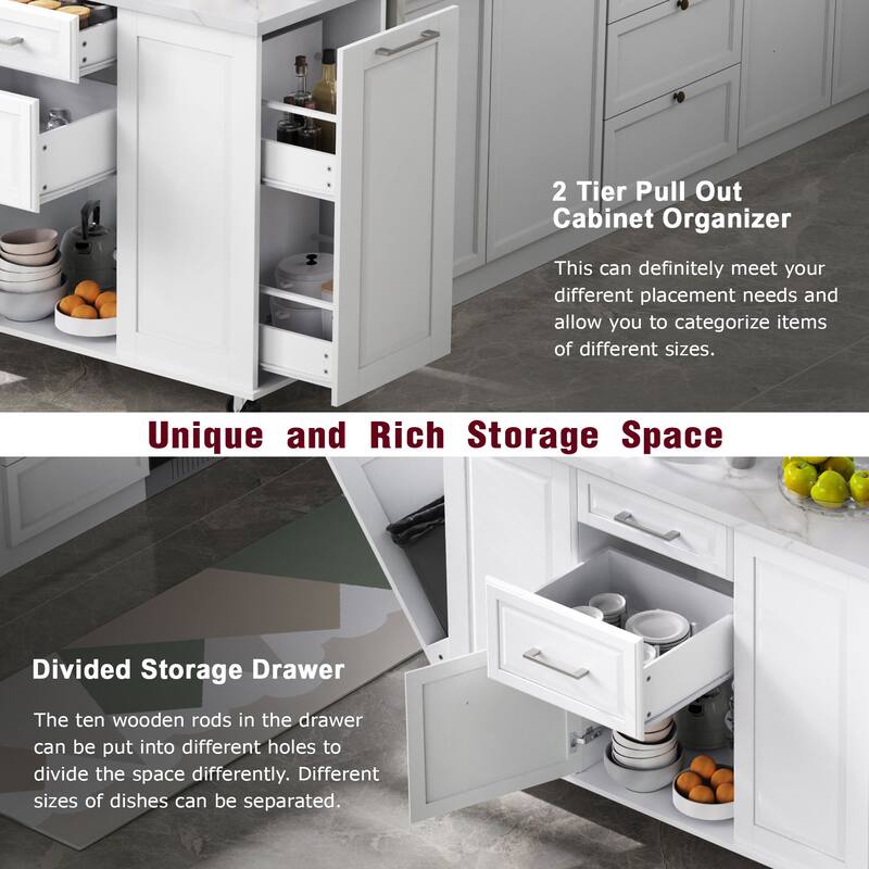 50.7" Kitchen Island with Storage Tilt Trash Can Cabinet and Pull Out Cabinet Organizer, Rolling Kitchen Island on 5 Wheels