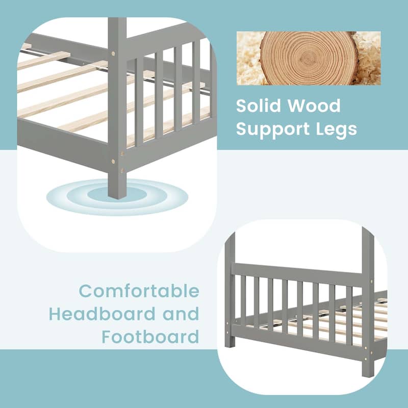 Costway Twin Size House Bed with Roof Wooden Low Floor Bed No Box