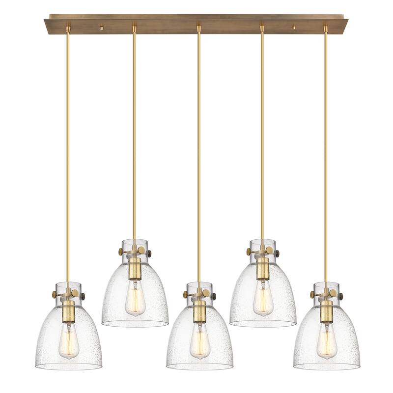 Innovations Lighting Newton Bell - 5 Light 8" Cord Hung Linear Pendant - Brushed Brass/Seedy