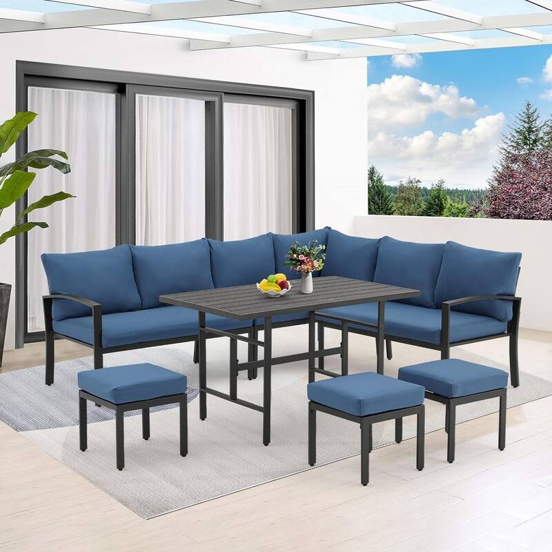 AECOJOY Metal Patio Furniture Set 7 Pieces Modern Outdoor Conversation Set - 7 Pieces with Table - Navy