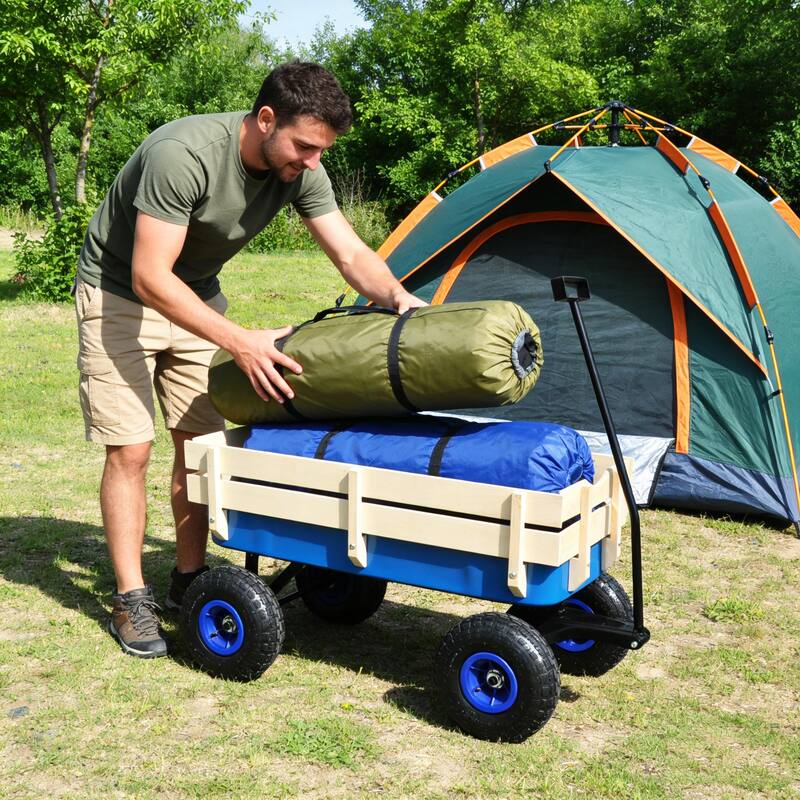 Anmytek Garden Cart Utility Wagon with Inflatable Tires Outdoor Hauler Blue Wooden